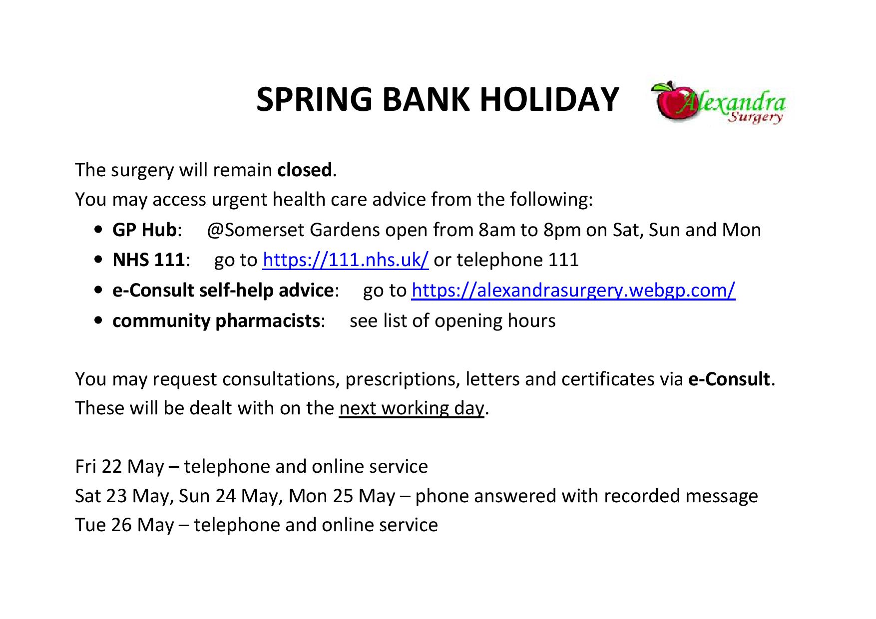 Spring bank holiday 2020 closed